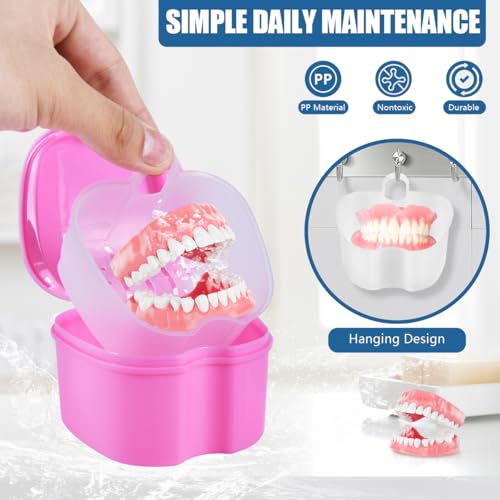 KISEER 2 Pack Colors Denture Bath Case Cup Box Holder Storage Soak Container with Strainer Basket for Travel Cleaning (White and Pink) - color: White and Pink