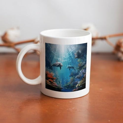 11oz White Ceramic Coffee Mug Funny Blue Ocean Underwater Fish Tea Cup Microwave & Dishwasher Safe, Lead-Free for Home Office Daily Use & Gifting