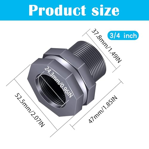 2PCS PVC Bulkhead Fitting 3/4 Inch,Water Tank Connector Adapter,Thru-Bulk Pipe Fitting for Rain Barrels, Aquariums,Water Tanks,Pools(Grey) H-007-2 - style: 2Pcs 3/4inch
