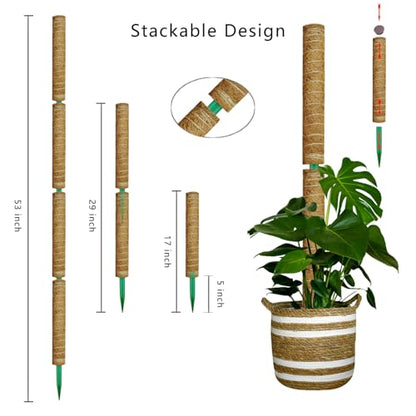 Moss Pole, 53.5 Inch Monstera Plant Support, Moss Sticks for Indoor Plants Climbing Coco Coir Pole, 4 Pack 17 Inch Stackable Moss Pole for Plants