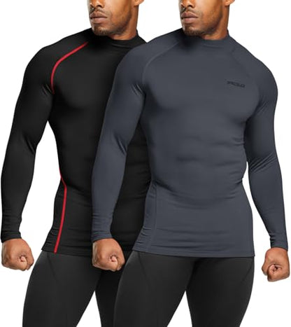 TSLA Men's Thermal Long Sleeve Compression Shirts, Mock/Turtleneck Winter Sports Running Base Layer Top - color: 2pack Black, Red/Charcoal, size: Small