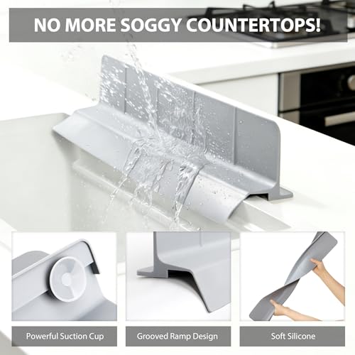 23Inch Sink Splash Guard – Extended Length & Tall Silicone Kitchen Sink Splash Guard with Overhang Drainage Design, High Splash Wall & Strong Suction Cups for Countertop (Grey, 23''x3.5'')
