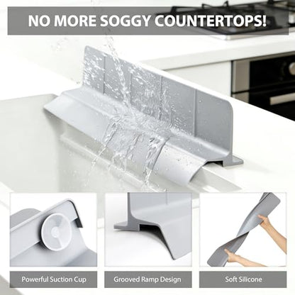 23Inch Sink Splash Guard – Extended Length & Tall Silicone Kitchen Sink Splash Guard with Overhang Drainage Design, High Splash Wall & Strong Suction Cups for Countertop (Grey, 23''x3.5'')