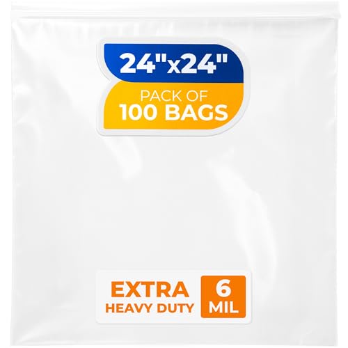 24" x 24" Reclosable Plastic Zip Bags, Pack of 100, 6 Mil Heavy-Duty Clear Poly Bags, Resealable for Food, Clothes, Hardware, Jewelry - size: 24"W x 24"H