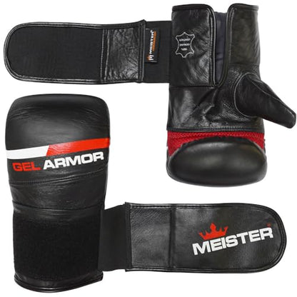 Meister Gel Armor Full-Grain Cowhide Leather Bag Mitts | Ergonomic wrist support with quick slip-on design for heavy bag work, pad work and boxing training - size: Small / Medium (14oz)