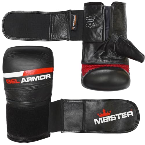 Meister Gel Armor Full-Grain Cowhide Leather Bag Mitts | Ergonomic wrist support with quick slip-on design for heavy bag work, pad work and boxing training - size: Youth / X-Small (12oz)