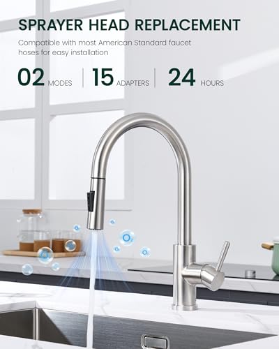 Metal Kitchen Faucet Head Replacement, 2-Mode Pull Down Kitchen Faucet Spray Head with 15 Adapters, High Pressure Sink Sprayer Nozzle Stainless Steel, Brushed Nickel - color: Brushed Nickel