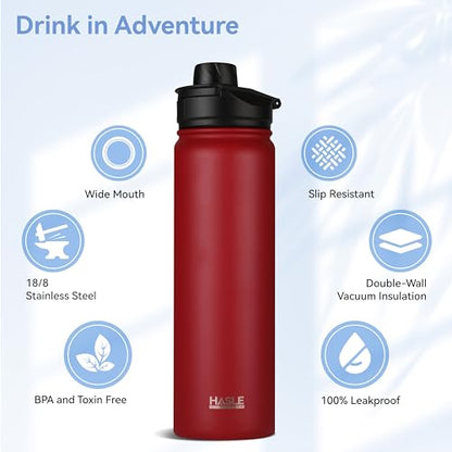 HASLE OUTFITTERS Insulated Water Bottle 22 oz Double Wall Stainless Steel Water Bottle Wide Mouth with Straw Lid & Spout Lid Keeps Cold or Hot(Red,1) - color: Red, size: 22 Ounces
