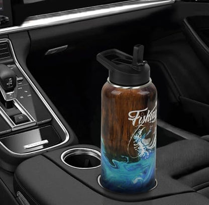 Fishing Water Bottle with Straws Fish Insulated Water Bottle Gifts for Men Dad Papa Husband Fisherman Fathers Day,Anniversary,Christmas,Birthday Travel Thermal Double Walled Vacuum Cup-32 oz - color: brown fishing