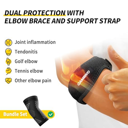 CAMBIVO 2 Elbow Sleeves and 1 Tennis Elbow Strap Set for Tendonitis Relief - color: Black(2Pcs Elbow Sleeve+1Pcs Elbow Strap), size: Medium