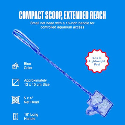 Penn-Plax Quick-Net Aquarium Fish Net - Fine Mesh, Vinyl-Covered Braided Handle - Small Aquarium Cleaning Tool for Gentle Fish Handling - Use in Freshwater & Saltwater Tanks - color: Blue, size: 5" Net - 16" Handle