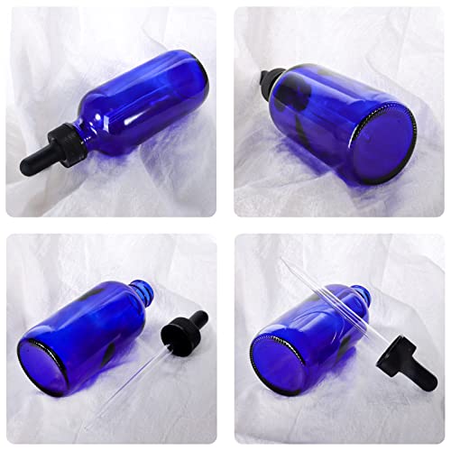 24 Pack 4oz Cobalt Blue Glass Bottles with Glass Eye Droppers for Essential Oils, Perfumes & Lab Chemicals (2 Brushes, 2 Funnels, 2 Extra Droppers, 36 Pieces Labels & Measuring Cup Included) - color: Cobalt Blue