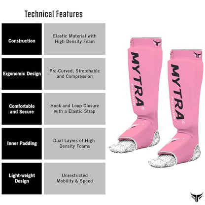 Mytra Fusion Shin Pads Instep Protector Kick Boxing Muay Thai Training Elasticated shin Guards - color: Pink, size: Large-X-Large