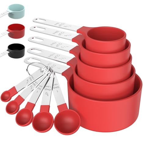 Measuring Cups & Spoons Set, Stackable Cups and Spoons, Nesting Measure Cups with Stainless Steel Handle, Kitchen Gadgets for Cooking & Baking (Red) - color: Red