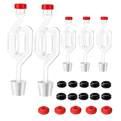 Bubble Airlock Set for Fermentation - 5 S-Shape Airlocks with 6.5 Stoppers, 5 Red Silicone Loops & 10 Grommets, for Wine Making, Home Brewing, Sauerkraut, Kimchi & Kombucha