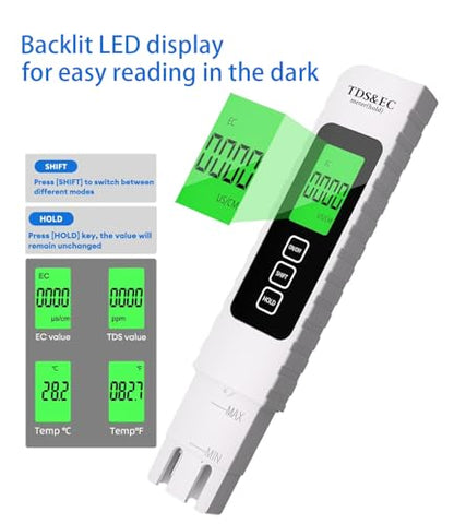 TDS Meter Digital Water Tester 4 in 1 TDS EC & Temperature(°C,°F) Meter, 0-9999 ppm Meter, Portable Large Display Water Testing Kits for Drinking Water Hydroponics Aquarium, RO/DI System - color: White Black