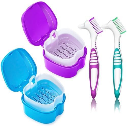 2 Pack Denture Cup Denture Bath Holder Case with Strainer Basket, Dental Retainer Cleaner Case False Teeth Container Denture Bath Soaking Cup with 2 Brushes - Purple and Blue - color: Purple & Blue