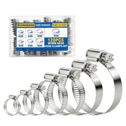 Hose Clamp Kit, 120 pcs Stainless Steel Hose Clamps Assortment Kit Adjustable 1/4'' -1-1/2'', Worm Gear Hose Clamps For Garden and Water Pipe, Automotive,Radiator Plumbing,Fuel Line