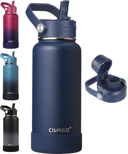 CIVAGO 32 oz Insulated Stainless Steel Water Bottle with Removable Straw | Large Leakproof Metal Water Jug, Sports Thermal Flask Cup with Bucket Handle, Silicone Boot, Dishwasher Safe, BPA-Free, Navy - color: .Navy, size: 32 Ounces