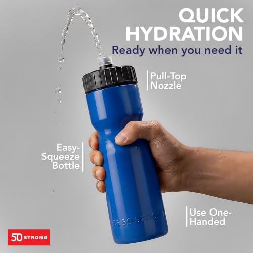 50 Strong | Bulk Water Bottles, 24-Pack, 22 oz, Sports Squeeze, Blue - color: Blue