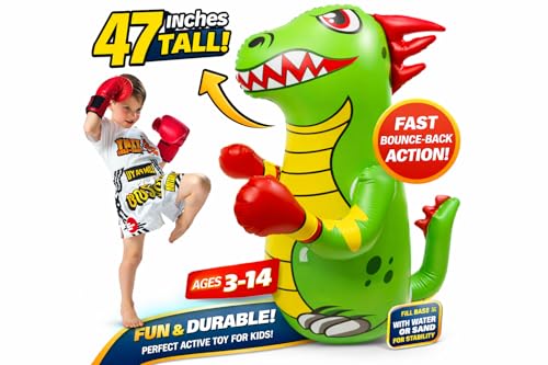 47 Inch - Inflatable Punching Bag for Kids - Dinosaur Bop Bag Toy with Fast Bounce Back Action - Durable Punching Toy for Age 3-14 - Fill Base with Water or Sand for Stability