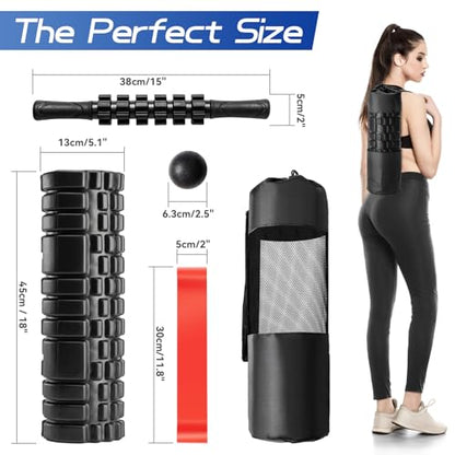 Krightlink 5-in-1 18" Foam Roller Set for Deep Muscle Massage Release | Foam Roller Back Roller for Fitness Relieves Muscle Pain Myofascial Trigger Point Release Pilates, Yoga (18" Black) - color: Black-18"(5 in 1)
