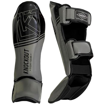 Muay Thai Shin Guards MMA Martial Arts -Padded, Adjustable Leg Guards with Instep Protection for Training and Sparring Gear Kickboxing Equipment – Durable, Professional - color: Black/Gray, size: Large-X-Large