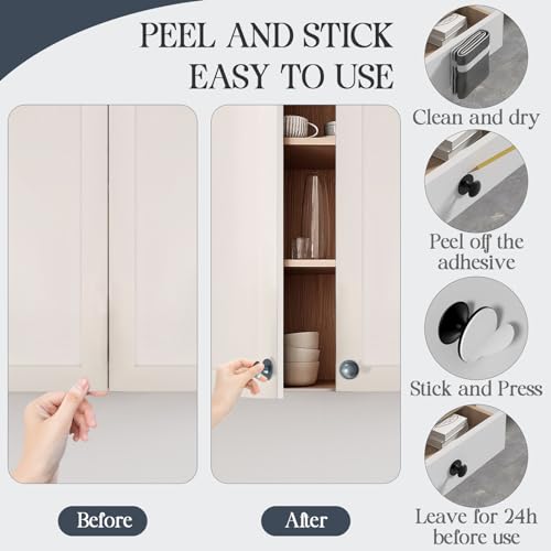 Adhesive Cabinet Knobs 4pcs Black Self-Stick Knobs Drill Free Dresser Drawer Pulls Stainless Steel Stick On Handles for Medicine Cabinets Drawer Cupboards Glass Sliding Door Terrarium Lid
