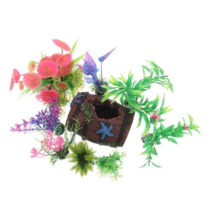 Kisangel 9pcs Broken Barrel Aquarium Decorations with Artificial Plants Betta Cave Hideout Fish Tank Barrel Ornament for Fish Shrimp Betta Goldfish and Reptiles Hideouts Accessories