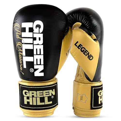 Green Hill Legend Leather Boxing Gloves for Men & Women - color: Black/Golden, size: 16 Oz