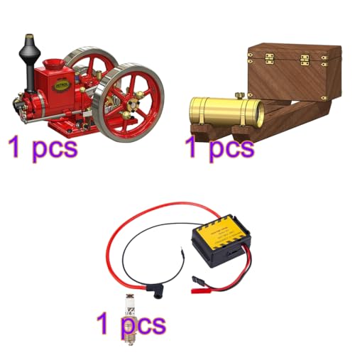 Retrol HM-01 Assembled Hit and Miss Engine Model Complete Set, 4-Stroke Horizontal Internal Combustion Engine with Base, Fuel Tank, CDI Igniter and Spark Plug, Red - color: Assembled Set/Red