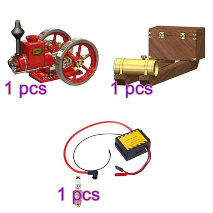 Retrol HM-01 Assembled Hit and Miss Engine Model Complete Set, 4-Stroke Horizontal Internal Combustion Engine with Base, Fuel Tank, CDI Igniter and Spark Plug, Red - color: Assembled Set/Red