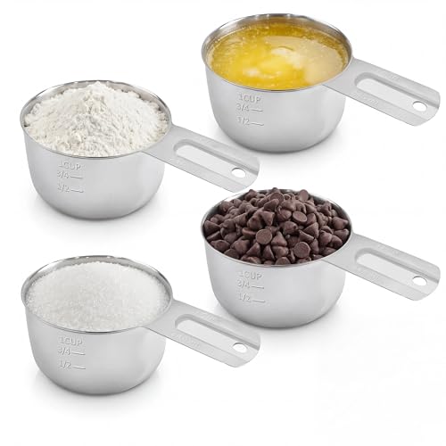 Measuring Cups, 1 Cup Stainless Steel Cup 4 Packs 304 stainless with non-slip handle, works for wet & dry ingredients, 240ml/8oz kitchen baking tool.