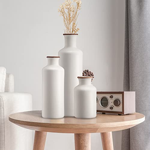 3Pcs Ceramic Vases, Rustic Decorative Flower Vases Set for Modern Farmhouse Decoration, Living Room Centerpieces and Events, Table, Bookshelf, Mantel and Entryway Decor (White)