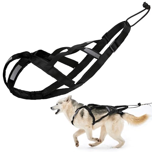 Dog Pulling Harness (L, Black) X Back Mushing Husky Harness for Sled Exercise, Pet Sledding, Bikejoring, Skijoring, Running, Canicross Scootering, for Average Sized Dog About 45-50LBS
