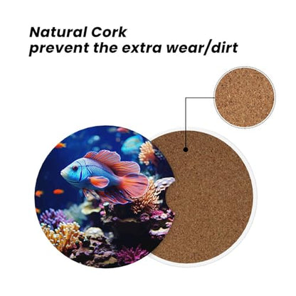 Coral Reef Fish Aquarium Ceramic Car Coasters 2 Pack 2.56 in, Absorbent Insert Cupholder Coaster Car Cup Holder Mat with Finger Notch Non-Slip Cork Base Reusable Drink Coasters