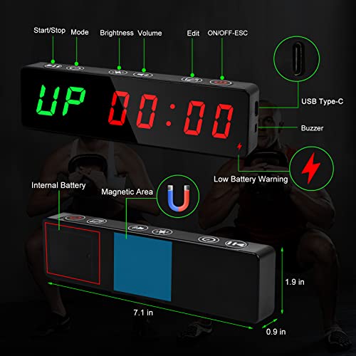 Gym Timer, Portable, Interval Timer with Rechargeable Battery and Built-in Magnet, LED Digital Anti Vertigo Display, Upgraded Workout Clock for Home Gym Garage Fitness - color: Black