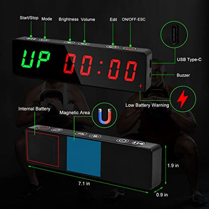 Gym Timer, Portable, Interval Timer with Rechargeable Battery and Built-in Magnet, LED Digital Anti Vertigo Display, Upgraded Workout Clock for Home Gym Garage Fitness - color: Black