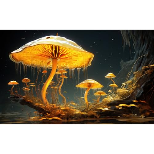Fantasy Mushrooms Aquarium Background Fantasy Mushroom in Magical Enchanted Fairy Tale Stream Reptile Tank Enclosure Terrarium Backgrounds Mushroom Theme Landscape Fish Tank Backgrounds 24x16in - color: Yellow, size: 24(W)x16(H)in