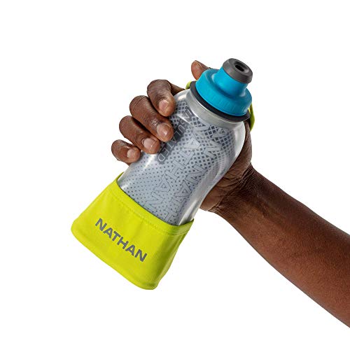 Nathan Running Handheld Water Bottle Adjustable No-Grip Quick Squeeze Lite Hand Strap. Reflective Hydration - color: Finish Lime / Blue Me Away, style: 12oz Insulated