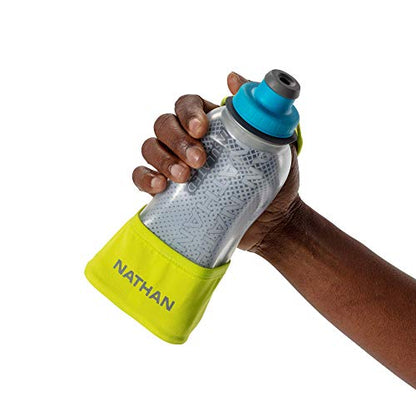 Nathan Running Handheld Water Bottle Adjustable No-Grip Quick Squeeze Lite Hand Strap. Reflective Hydration - color: Finish Lime / Blue Me Away, style: 12oz Insulated