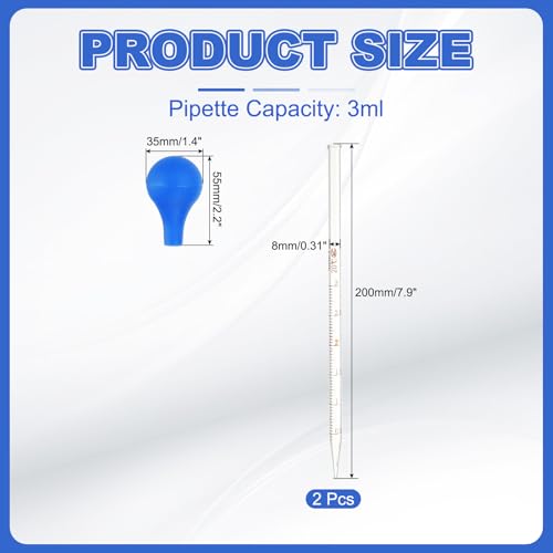 PATIKIL Graduated Dropper Pipettes Kit, 2pcs 3ml Borosilicate Glass Pipette with Rubber Cap for Transfer Liquid for Lab, Chemistry, Clear - size: 3ml