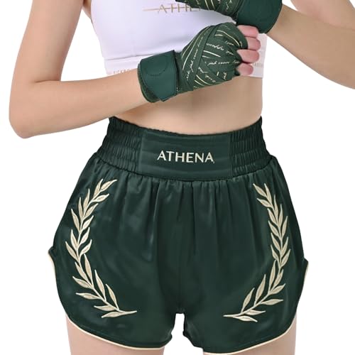 Women's Green & Gold Muay Thai MMA Shorts Athena with Built-in Safety Compression Tights. Muay Thai Kickboxing Training - size: Medium