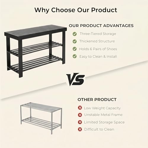 Bamboo Shoe Bench, 3-Tier Shoe Organizer Holds Up to 286 lb, Entryway Bench with Shoe Storage Suitable for Closet & Living Room, 11.22 x 27.56 x 17.91, Sleek Black - color: Sleek Black