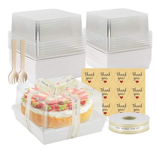7 x 7 x 4 Inches Paper Charcuterie Boxes with Clear Lids, 25 Pack Large Clear Cake Boxes for 4-6 Inch Cake, Disposable Bakery Boxes Food Containers for Cupcakes,Pie,Cookies, Cocoa Bomb White