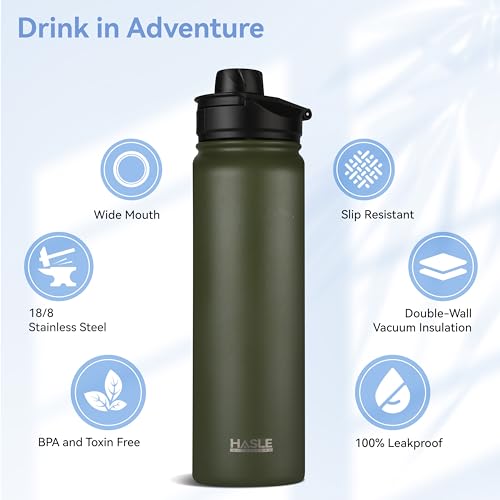 HASLE OUTFITTERS Insulated Water Bottle 22 oz Double Wall Stainless Steel Water Bottle Wide Mouth with Straw Lid & Spout Lid Keeps Cold or Hot(Army Green,1) - color: Army Green, size: 22 Ounces