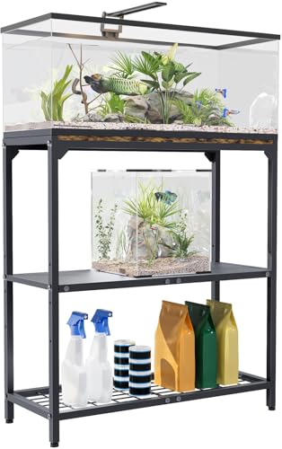 20-30 Gallon Aquarium Stand, Fish Tank Stand with Adjustable 3-Tier Storage Shelf, Heavy Duty Reptile Breeder Turtle Tank Terrarium Rack Table for Home Office, 30" L x 12" W x 32.2" H, Black