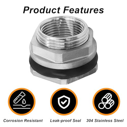 Murtenze 1" Bulkhead Water Tank Connector, Stainless Steel Water Tank Fitting Thru-bulk Adapter, Water Pipe Connector for Rain Barrels/Aquariums/Water Tanks - size: 1 Inch