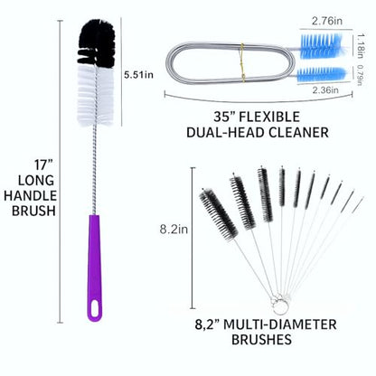 12 Pcs Glass Tube Pipe Cleaning Brush Set – 35" Flexible Hose Brush, 17" Extra Long & Multi-Sized Nylon Cleaners for Curved Glass Tubing, Narrow Neck Tumblers, Straws & Crevices
