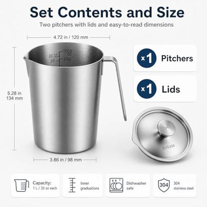 QWORK 304 Stainless Steel Measuring Pitcher with Lid 32oz/1L, Dual Scales Wide Mouth Graduated Cup for Espresso, Milk Frothing Jug with Handle